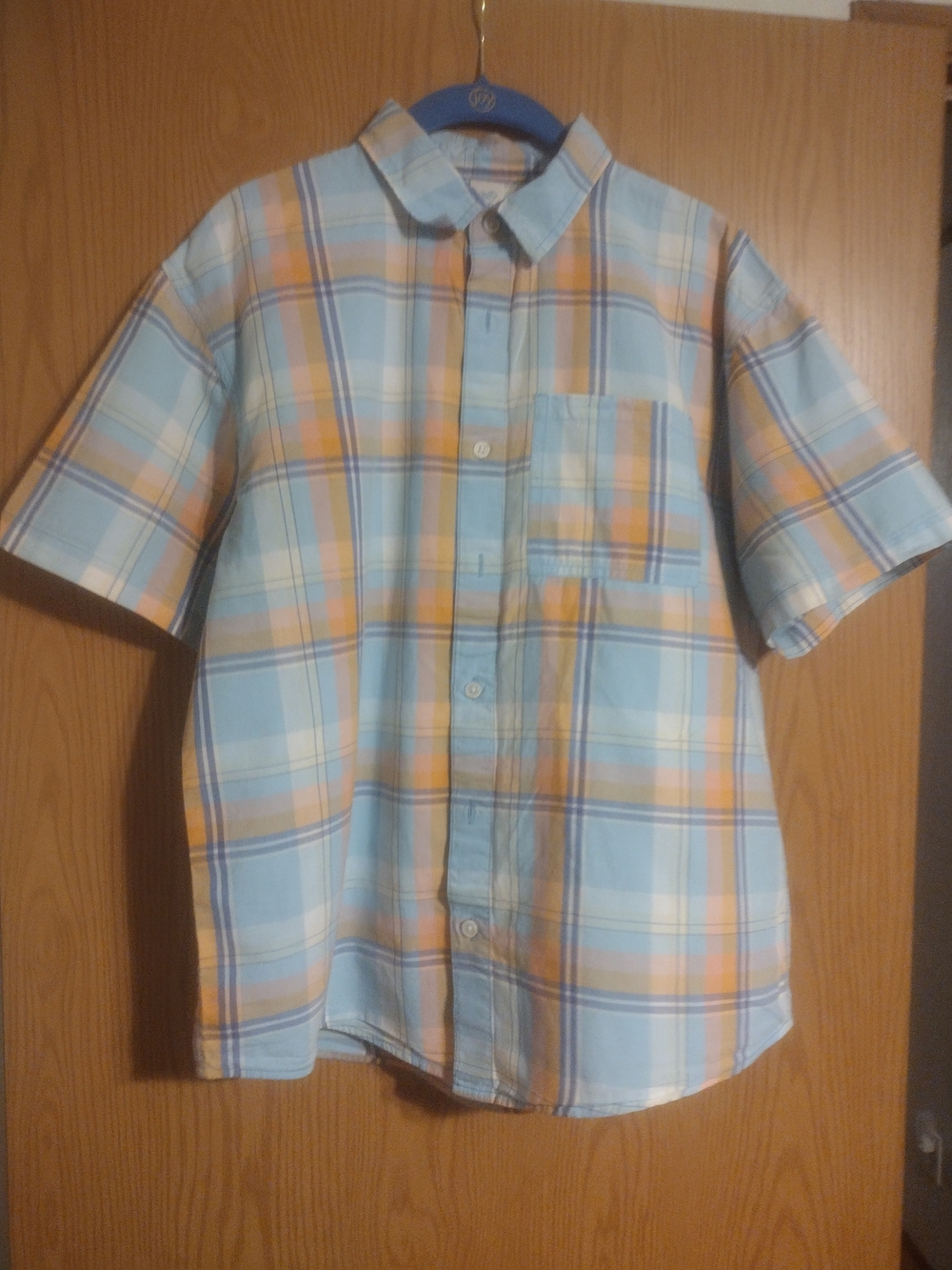 Short-Sleeve Plaid Button-Down Shirt in Light Blue and Orange (Husky)
